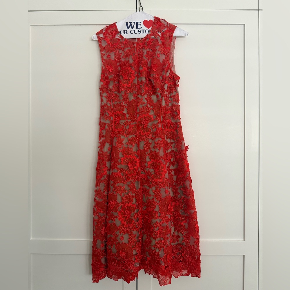 Lela Rose Floral Guipure Cocktail Dress - Red Orange - Size 4